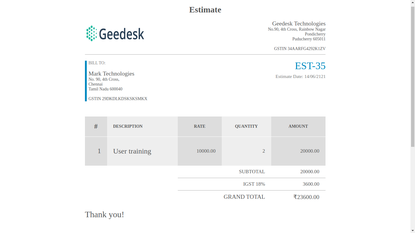 Geebooks Estimate Template